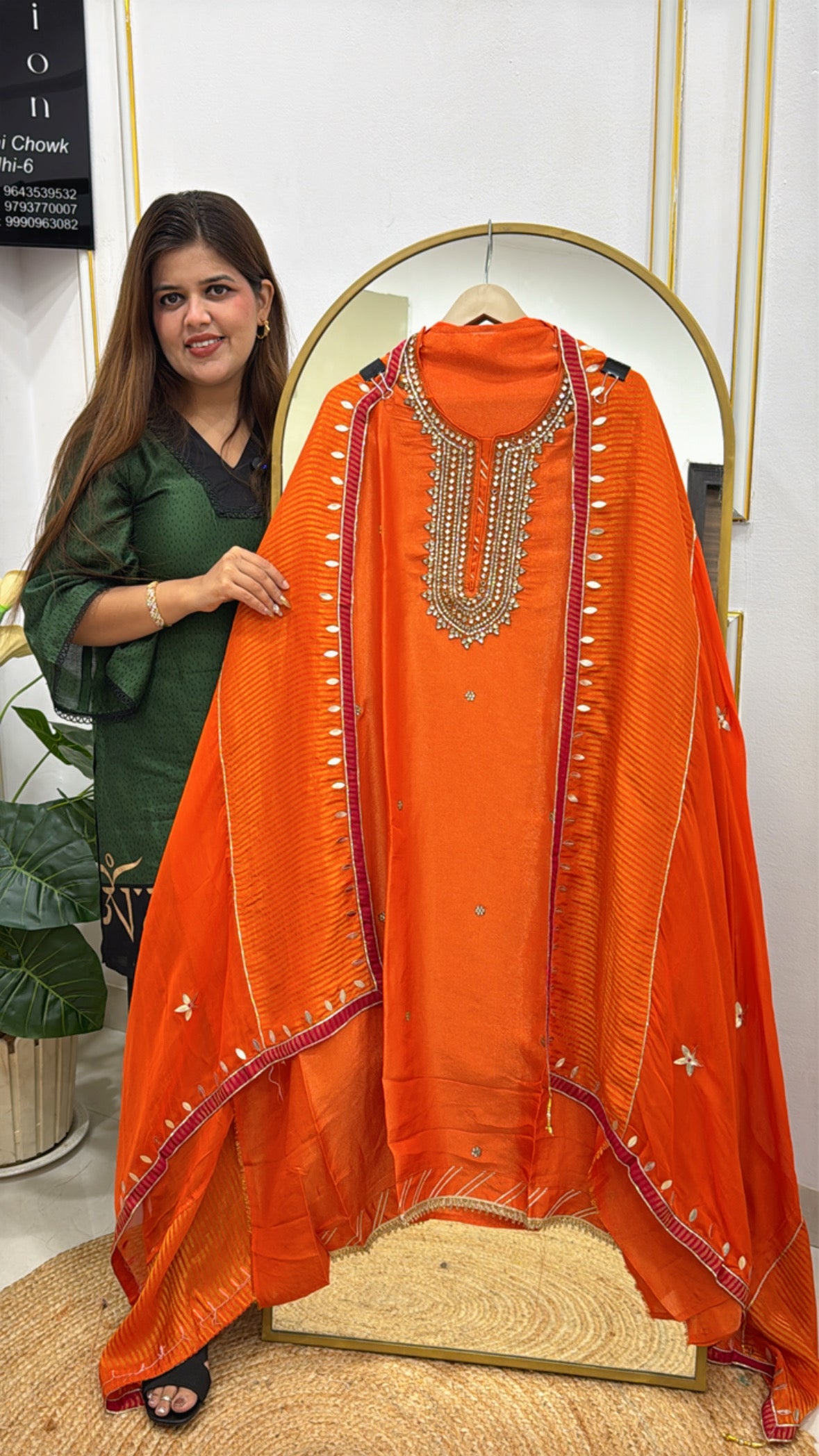 Pure Shimmer Silk Designer Suit with Kundan Neck Work & Weaved Dupatta GF 314